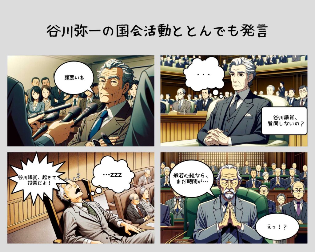 谷川弥一の国会活動ととんでも発言を表現した4コマ漫画